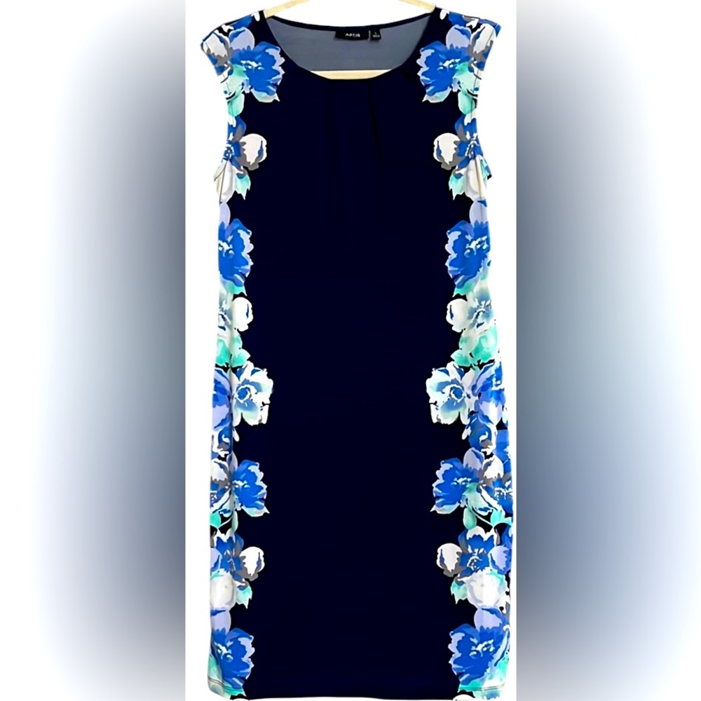 APT 9 Navy Blue/Mint Green/White Floral Sleeveless Sheath Dress, Size Small,GUC.
